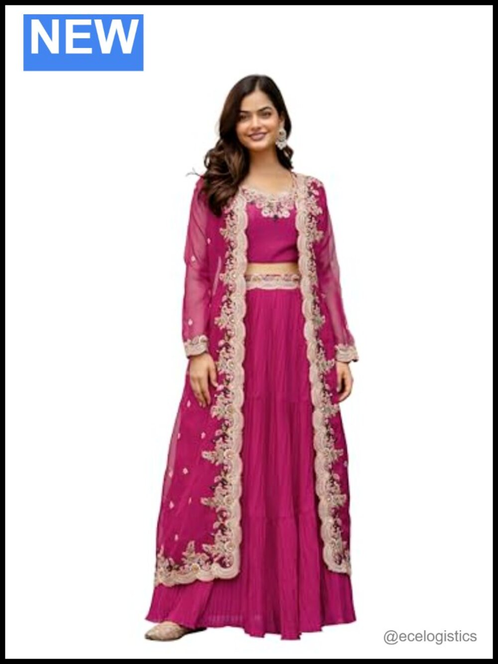 Women's 3-Piece Crop Top Skirt Shrug Set - Sequin Resham Embroidery